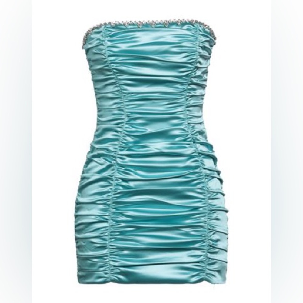 AREA Blue Ruched Strapless Dress